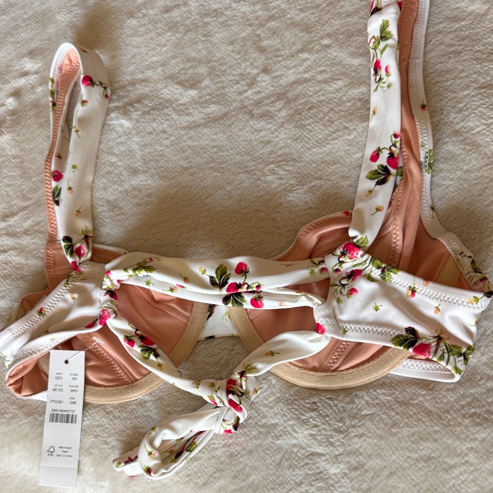 NWT J. Crew White Strawberry Floral Underwire Bikini Top WITH CROSSBACK. 34B. - Picture 5 of 6